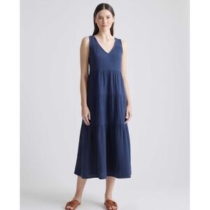 Quince Indigo Blue 100% Organic Cotton Gauze Tiered Maxi Dress XS NWT Coastal